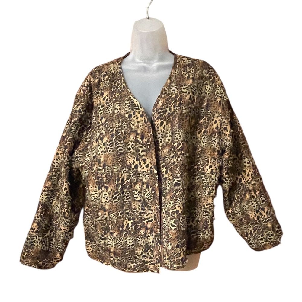 CHICO'S Women's sz 3 = XL 100% Silk Jacket Open Front Frayed Edges Animal Print